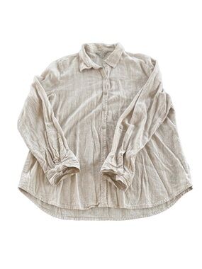 ORVIS Linen Blend Relaxed Button-Down Shirt - Beige Stripe - Size Large